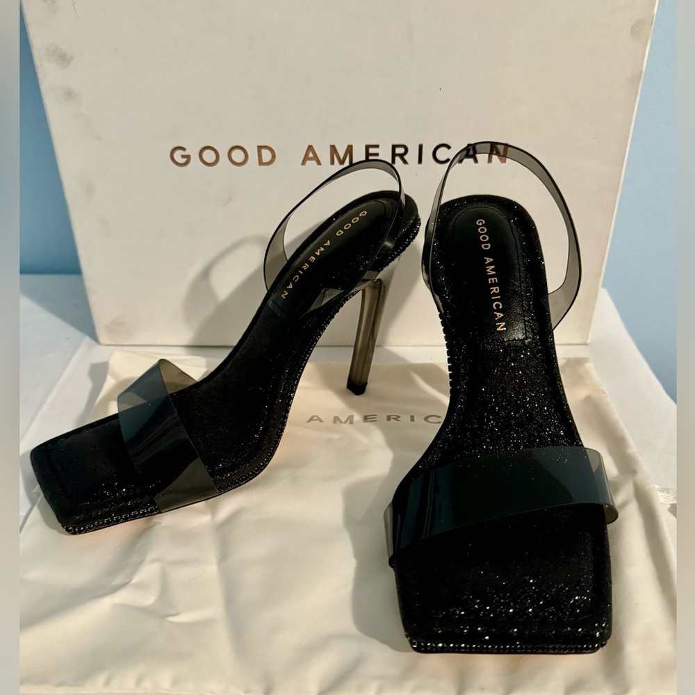 NEW Good American Black Glitter Strappy High Heels Women 5 Square Open Toe Party